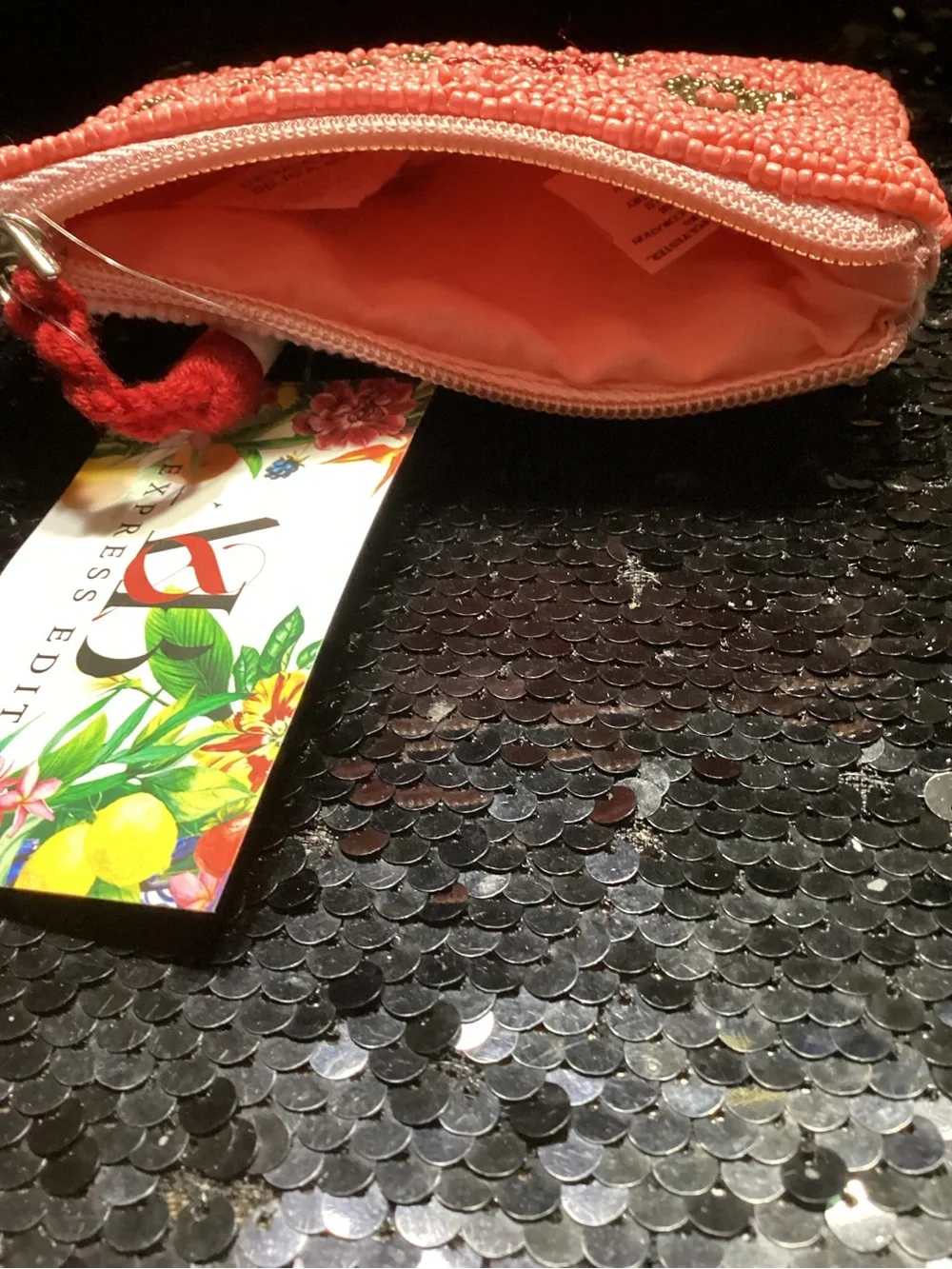 America & Beyond Coral Beaded 'Love You' Zip Pouch. NWT
